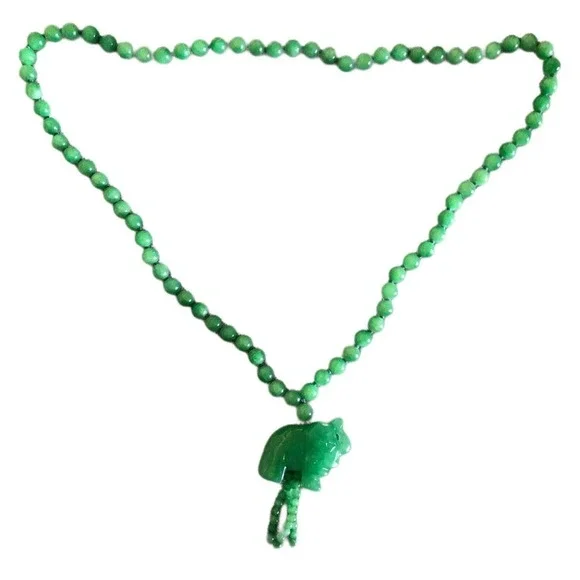 Green Jade Beaded Tassel Pendant Necklace Carved Elephant Silk Knotted 92 Gram - Picture 11 of 12